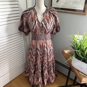 Anthropologie Conditions Apply Dress Womens 8 Printed Puff Sleeve Midi Boho Chic